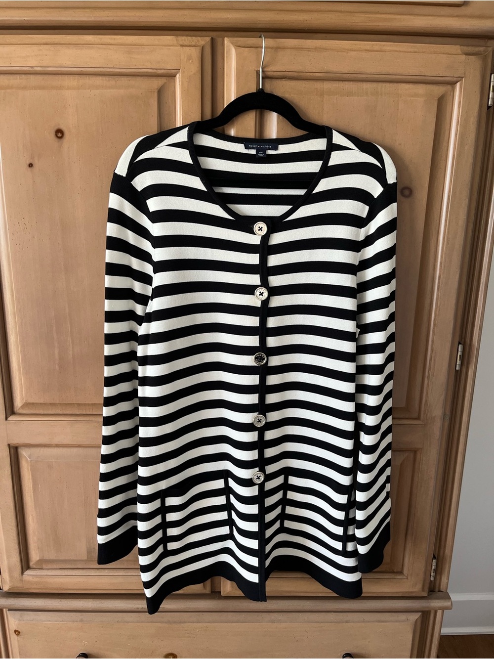 Tommy Hilfiger Black and White Striped Knit Button Cardigan